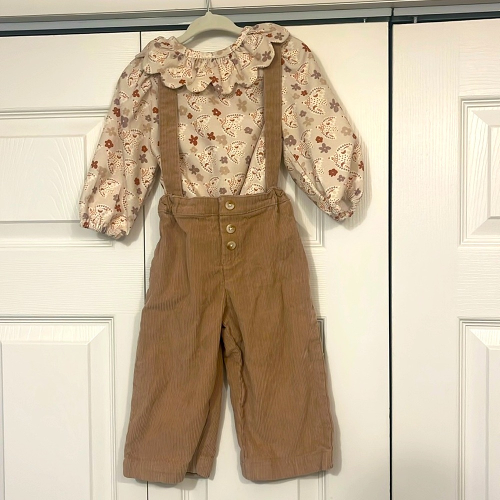 Two piece Ginger Snaps corduroy, overalls, and floral paisley top. Size 6m